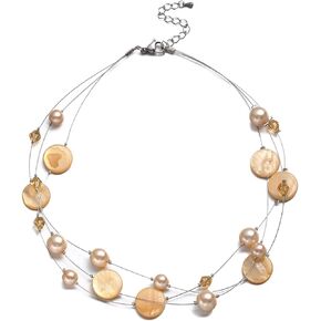 Layered Shell Necklaces for Women Stacked Pearl Necklaces Statement Charm Necklace Stainless Steel Boho Necklaces for Women