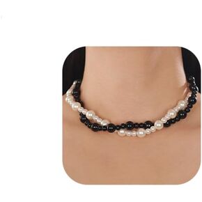 Round Imitation Pearl Necklace 20s Black White Necklace Multi-Strand Pearl Statement Necklace Flapper Pearls Accessories Necklace for Party Halloween Jewelry Mother's Day Gift