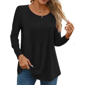 Anyhold Women's Fall Long Sleeve Tunic Tops Dressy Casual Shirts Crew Neck T-Shirt Pleated Business Blouses