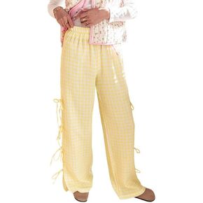 Women Y2k Striped Long Pants Bow Tie Side Slit Wide Leg Lounge Pants Gingham Loose Pants with Pockets