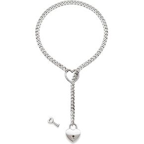 Heart Slip Chain Necklace, Punk Rock Cuban Long Necklace Adjustable Lariat Y-Necklace Heart Locker With Key Stainless Steel For Women Men Jewelry Gifts