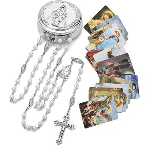 Rosary Beads Catholic Cross for Women, Virgin Mary Medal - First Communion Rosary for Girls with Virgin Mary Miraculous Gift Box and 18pcs Prayer Cards