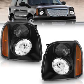 مجموعة المصابيح الأمامية هالوجين متوافقة مع 2007-2014 GMC Yukon 2007 2008 2009 2010 2011 2012 2013 2014 GMC Yukon Headlamp Assembly (عاكس كهرماني مبيت من الكروم)
