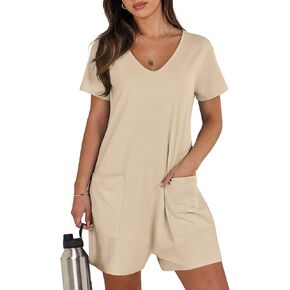 Women's Summer Casual Rompers Short Sleeve V Neck Loose Fit Jumpsuit 2024 Trendy One Piece Jumps With Pockets