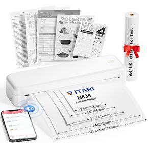 Itari M834 (Upgraded) Portable Printers Wireless for Travel, 300DPI Bluetooth Wireless Thermal Printer Support Multi-Size Thermal Paper, Compatible with iPhone & Laptop, Wireless Mobile for Vehicles
