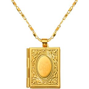 Photo Locket Necklace for Women Men Gold Necklace Open Book Necklace for Book Lovers Gifts Necklace for Readers Gifts for Men Women Picture Frames Necklaces