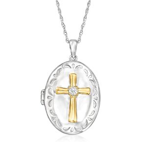 Ross-Simons 0.10 ct. t.w. Diamond Cross Locket Necklace in Sterling Silver and 18kt Gold Over Sterling. 18 inches