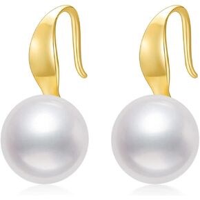 Real 14k 10k Gold Freshwater Cultured Pearl Drop Earrings for Women, Fine Jewelry Gifts for Her (9mm Pearl)