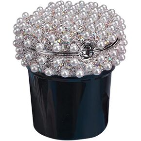 Pearls Inlaid Car Ashtray, Portable Car Ashtray with Lid and LED Light Crystal Car Accessories Windproof Trash Can Car Interior Decoration for Car Vehicles Home Office (Silver)