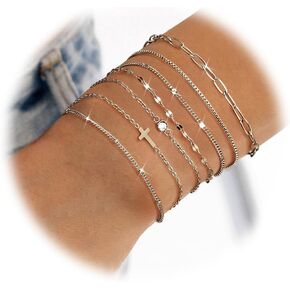 Sanfenly 7 PCS Gold Bracelets for Women Waterproof –14K Gold Plated Dainty Stackable Cuff Chain Bracelets Set –Trendy Adjustable Thin Link Jewelry（Gold/Silver）
