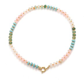 Natural Stone Beaded Necklace for Women Boho Handmade Beaded Necklace Colorful Beads Choker Necklace 14K Gold Plated Circular Buckle Surfer Beach Necklace Summer Jewelry Gift