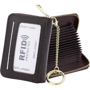 Leather Card Holder Wallet, 20 Card Slots RFID Blocking Zipper Card Case with ID Window & Detachable Keychain for Women - Lychee Pattern,Little Brown