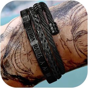 SAILIMUE Gold Bracelets for Men Women - Stainless Steel Roman Numeral Bangle Bracelet Silver Adjustable Cuff Bracelet Mens Twisted Cable Bracelet 3Pcs Luxury Bracelets Jewelry Gifts…