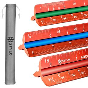 Stylo 12" Aluminum Architect Scale Ruler Laser Etched Triangle Drafting Ruler, Color Coded Grooves for Blueprint, Drafting and Drawing, Architectural Scale Ruler for Blueprints (Grey, Imperial Units)