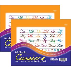 BAZIC Cursive Writing Pad 50 Sheet 10.5" X 8", Handwriting Learning Practice Workbook, for Beginning, Grades 2-3, 1-Pack