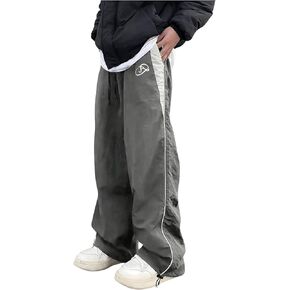 GORGLITTER Men's Drawstring Waist Cargo Pants Letter Print Wide Leg Y2k Pants