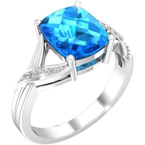 925 Sterling Silver 10x8 mm Cushion Diamond Gem Birthstone Ring