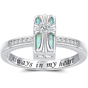 Cross Cremation Ring for Ashes - 925 Sterling Silver Opal Urn Keepsake Rings Memorial Jewelry for Women