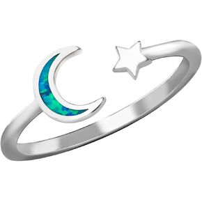 925 Sterling Silver Blue Opal Moon and Star Wedding Ring Eternity Band, Nickel Free Hypoallergenic for Sensitive Skin, Galaxy Sky Space Jewelry with Gift Box