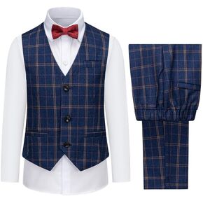 Boys Plaid Vest and Pants Check Formal Wedding Ring Bearer Outfit Tuxedo Dress Suits