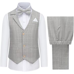 Boys Plaid Vest and Pants Check Formal Wedding Ring Bearer Outfit Tuxedo Dress Suits