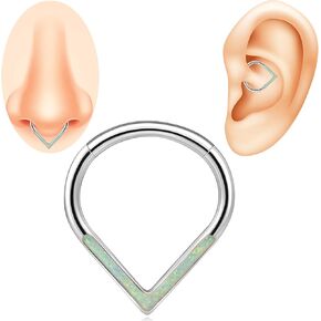 3Pcs 16G CZ Opal Septum Rings Daith Piercing Jewelry - Hypoallergenic Surgical Steel Teardrop Shaped Small Hinged Clicker Nose Ring for Women Men - 8MM 10MM