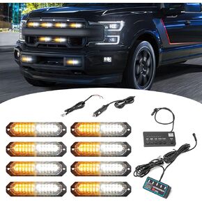 Wsays 12 LED White Amber Strobe Emergency Hazard Warning Light Surface Mount with Controller and Wiring Harness, Warning Flashing Caution Lights for Construction Vehicle Truck (8 PCS)