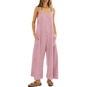 SENSERISE Womens Casual Loose Overall Waffle Knit Wide Leg Jumpsuits Sexy Open Back Rompers with Pockets