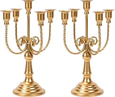 2Pcs Gold Candelabras Centerpieces for Tables, 11.8" Candlestick Holder for Taper Candles, 5 Arm Brass Candelabra Candle Holder for Wedding Centerpiece Decor Party Event Reception Decoration in Saudi Arabia