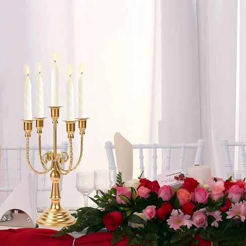 2Pcs Gold Candelabras Centerpieces for Tables, 11.8" Candlestick Holder for Taper Candles, 5 Arm Brass Candelabra Candle Holder for Wedding Centerpiece Decor Party Event Reception Decoration in Saudi Arabia