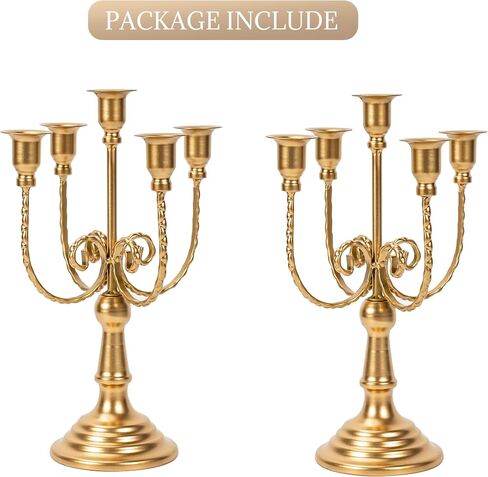 2Pcs Gold Candelabras Centerpieces for Tables, 11.8" Candlestick Holder for Taper Candles, 5 Arm Brass Candelabra Candle Holder for Wedding Centerpiece Decor Party Event Reception Decoration in Saudi Arabia