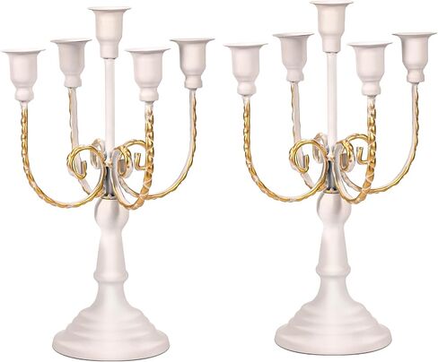 2Pcs Gold Candelabras Centerpieces for Tables, 11.8" Candlestick Holder for Taper Candles, 5 Arm Brass Candelabra Candle Holder for Wedding Centerpiece Decor Party Event Reception Decoration in Saudi Arabia