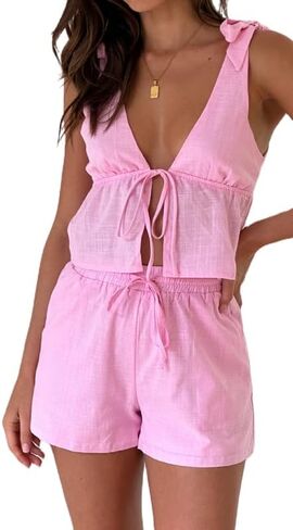 Women Tie Front Sets Y2k 2 Piece Lace Up Tank Top High Waist Shorts Pjs Set 2024 Summer Matching Outfit Set in Kuwait