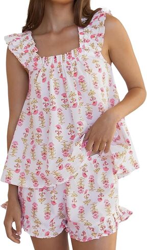 Arssm Womens Floral Pajama Set 2 Piece Loungewear Ruffle Hem Tank Top Vest Shorts Pjs Set Sleeveless Cami Loung Set in Saudi Arabia