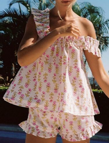 Arssm Womens Floral Pajama Set 2 Piece Loungewear Ruffle Hem Tank Top Vest Shorts Pjs Set Sleeveless Cami Loung Set in Saudi Arabia