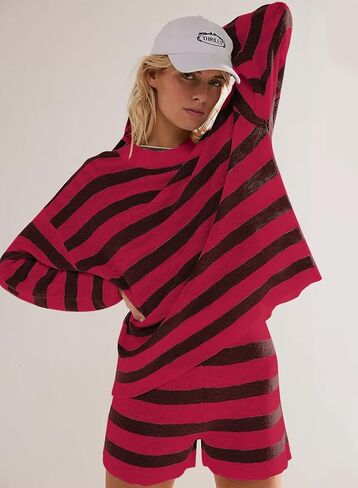 Womens Striped Sweater Set Oversized 2 Piece Lounge Outfits Knit Long Sleeve Top and Shorts Matching Pajamas Sets in Saudi Arabia