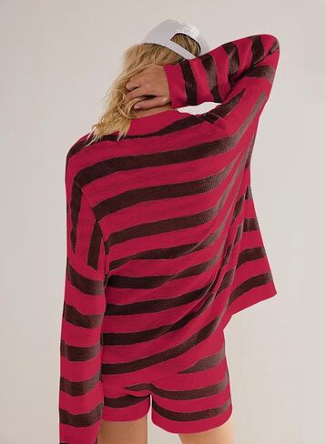 Womens Striped Sweater Set Oversized 2 Piece Lounge Outfits Knit Long Sleeve Top and Shorts Matching Pajamas Sets in Saudi Arabia