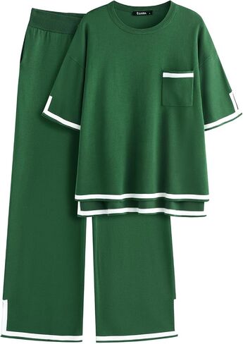ZANZEA Women's 2 Piece Outfits Lounge Sets Short Sleeve Knit Pullover Tops Wide leg Pajama Sets with Pockets in Saudi Arabia