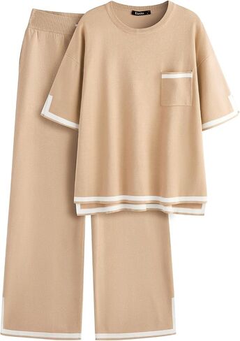ZANZEA Women's 2 Piece Outfits Lounge Sets Short Sleeve Knit Pullover Tops Wide leg Pajama Sets with Pockets in Saudi Arabia