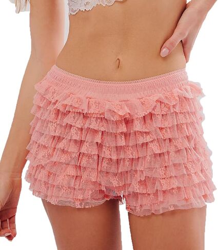 Women Lace Ruffle Bloomers Fairy Cute Layered Bottoms Shorts Y2k Floral Mesh Sweet Pettipants in Saudi Arabia