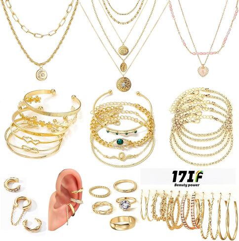 17IF 38-59 Pcs(9-8 Pack) Gold Plated Jewelry Set for Women With 8 Necklace 12 Bracelet 27 Ring 12 Pair Earring Hoop Simple Sparkle for Happy in Saudi Arabia