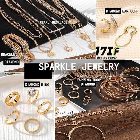 17IF 38-59 Pcs(9-8 Pack) Gold Plated Jewelry Set for Women With 8 Necklace 12 Bracelet 27 Ring 12 Pair Earring Hoop Simple Sparkle for Happy in Saudi Arabia