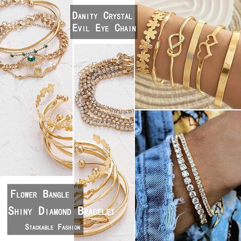 17IF 38-59 Pcs(9-8 Pack) Gold Plated Jewelry Set for Women With 8 Necklace 12 Bracelet 27 Ring 12 Pair Earring Hoop Simple Sparkle for Happy in Saudi Arabia
