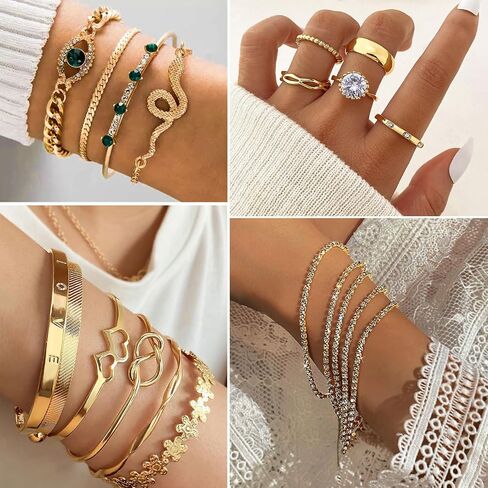 17IF 38-59 Pcs(9-8 Pack) Gold Plated Jewelry Set for Women With 8 Necklace 12 Bracelet 27 Ring 12 Pair Earring Hoop Simple Sparkle for Happy in Saudi Arabia