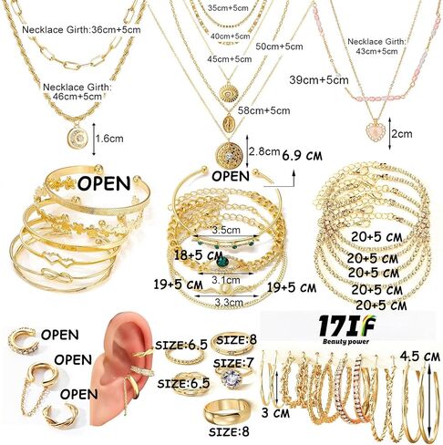 17IF 38-59 Pcs(9-8 Pack) Gold Plated Jewelry Set for Women With 8 Necklace 12 Bracelet 27 Ring 12 Pair Earring Hoop Simple Sparkle for Happy in Saudi Arabia