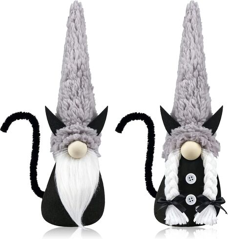 زخارف قطة قطة سوداء للهالوين - قطعتان من ديكورات السيد والسيدة المصنوعة يدويًا من القط السويدي Tomte Cat Gnom لموقد الموقد - عيد الهالوين منزل مسكون منزل مزرعة هدية منزلية ديكور صينية متدرجة in Kuwait