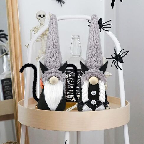 زخارف قطة قطة سوداء للهالوين - قطعتان من ديكورات السيد والسيدة المصنوعة يدويًا من القط السويدي Tomte Cat Gnom لموقد الموقد - عيد الهالوين منزل مسكون منزل مزرعة هدية منزلية ديكور صينية متدرجة in Kuwait