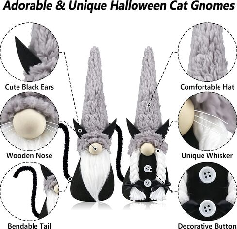زخارف قطة قطة سوداء للهالوين - قطعتان من ديكورات السيد والسيدة المصنوعة يدويًا من القط السويدي Tomte Cat Gnom لموقد الموقد - عيد الهالوين منزل مسكون منزل مزرعة هدية منزلية ديكور صينية متدرجة in Kuwait