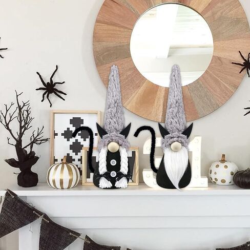 زخارف قطة قطة سوداء للهالوين - قطعتان من ديكورات السيد والسيدة المصنوعة يدويًا من القط السويدي Tomte Cat Gnom لموقد الموقد - عيد الهالوين منزل مسكون منزل مزرعة هدية منزلية ديكور صينية متدرجة in Kuwait