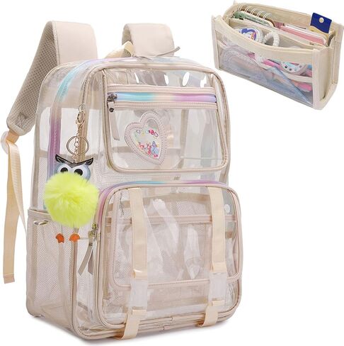 Clear Backpack, Clear Bookbag with Pencil Bag Heavy Duty See Through Bag for Primary Students Teenagers College Work Travel (Clear Bag Beige) in Saudi Arabia